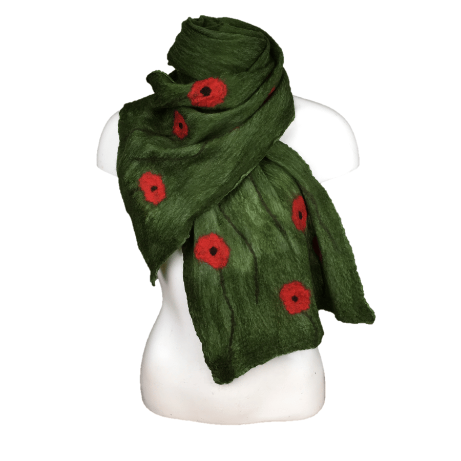 Long scarf nuno felted, green with poppy design