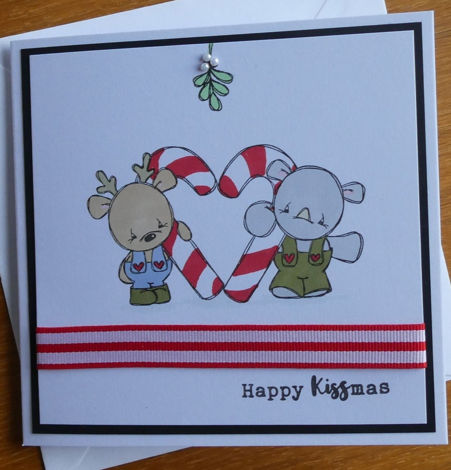 Candy Cane Heart Christmas Card - Reindeer and Rhino