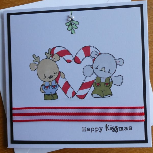 Candy Cane Heart Christmas Card - Reindeer and Rhino