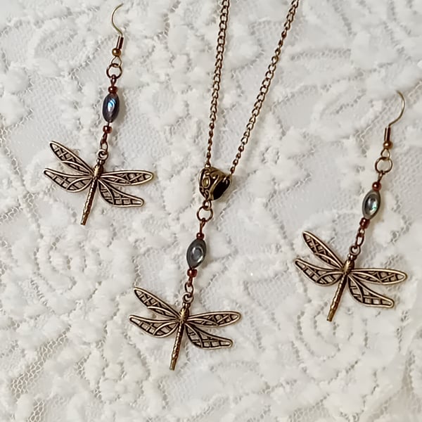  Dragonfly with Abalone Necklace & Earring Set