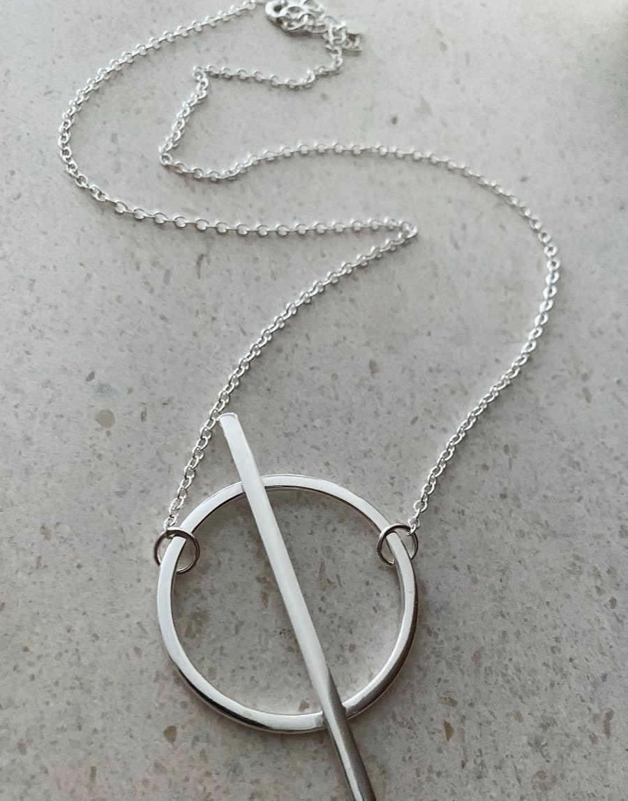 Circle And Bar Silver Necklace -Modern Solid Chunky Sterling Silver Geometric 