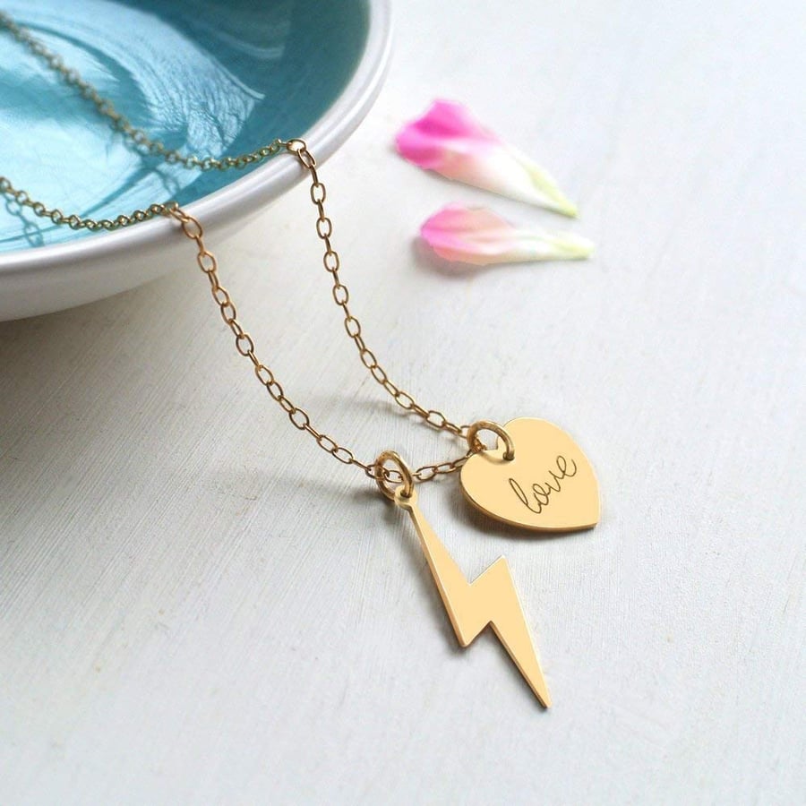 Personalised Gold Lightning Bolt and 'love' Heart Necklace, Valentine's Day gift