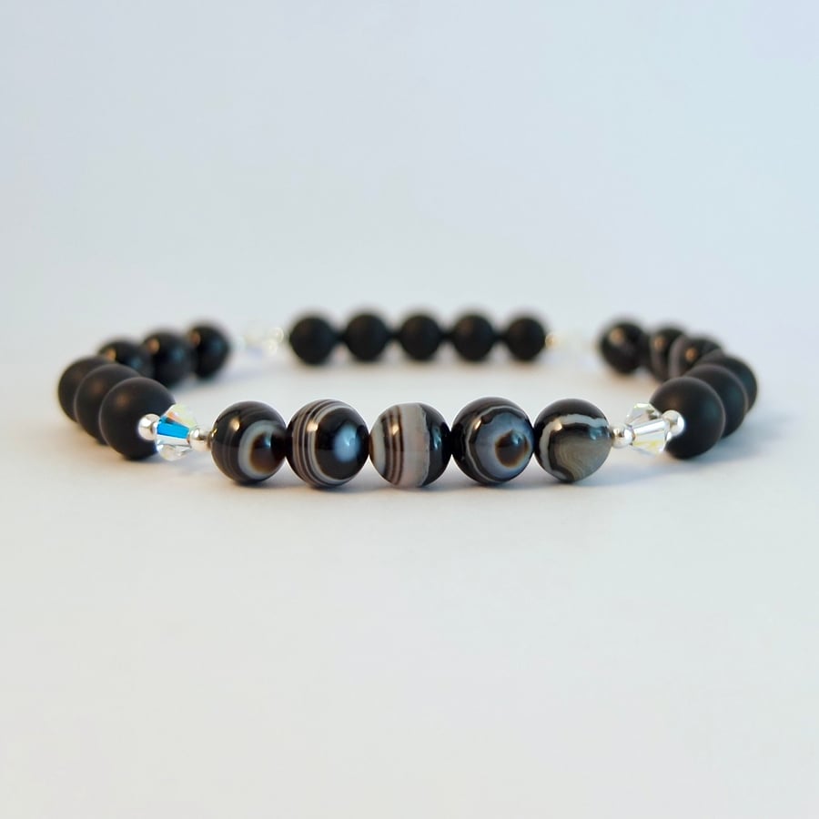 Banded & Frosted Black Onyx & Crystal Bracelet,  Birthday, Anniversary Gift