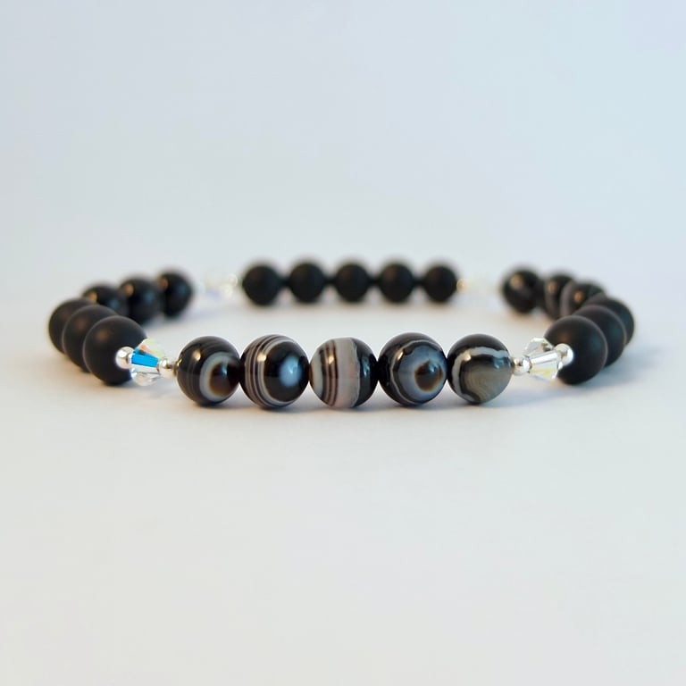 Banded & Frosted Black Onyx & Crystal Bracelet,  Birthday, Anniversary Gift