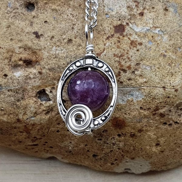 Small Lepidolite pendant. Libra jewelry. Silver plated