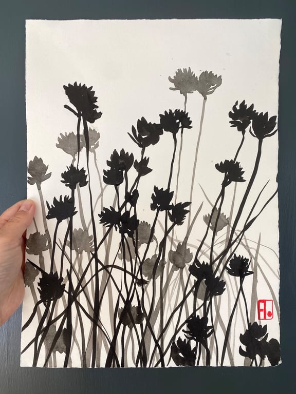 Chive Flowers, shadow painting, original artwork, handmade paper, signed