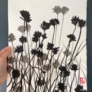 Chive Flowers, shadow painting, original artwork, handmade paper, signed