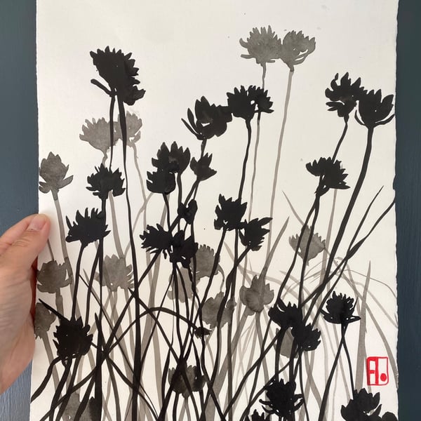 Chive Flowers, shadow painting, original artwork, handmade paper, signed