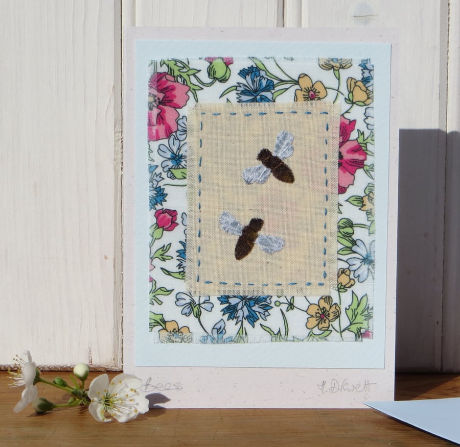 Bees! Hand-stitched miniature textile on card, full of the joys of Spring!
