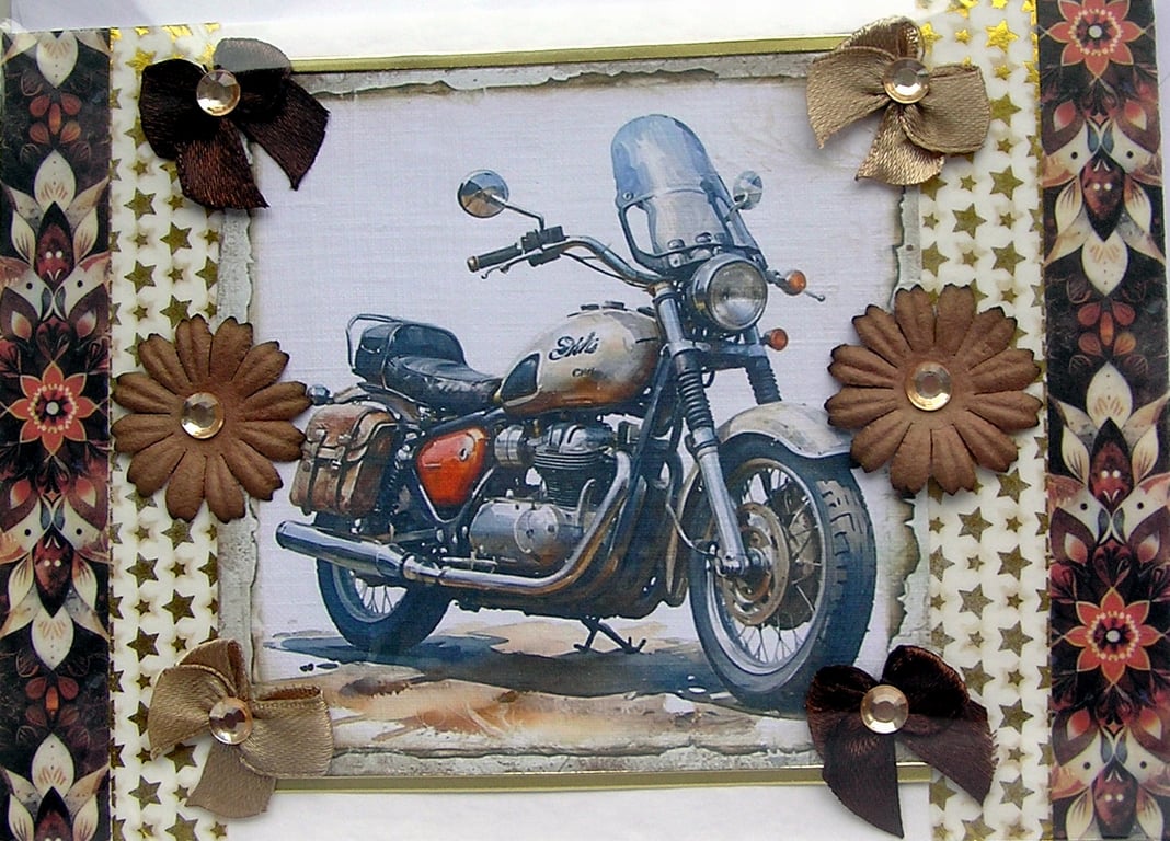 Retro Vintage Motorbike Hand Crafted Decoupage Greeting Card - Blank - 3273