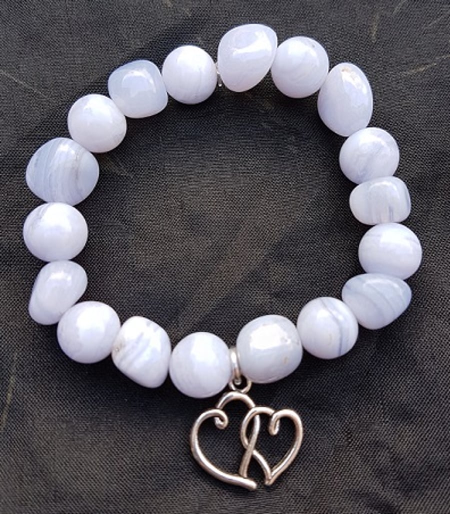 Beautiful Blue Lace Agate stretch Bracelet with double heart charm