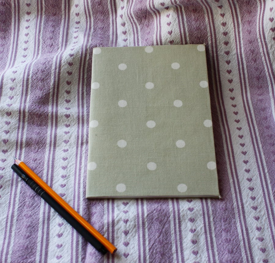 Fabric covered notebook or sketch pad - pale green with white spots
