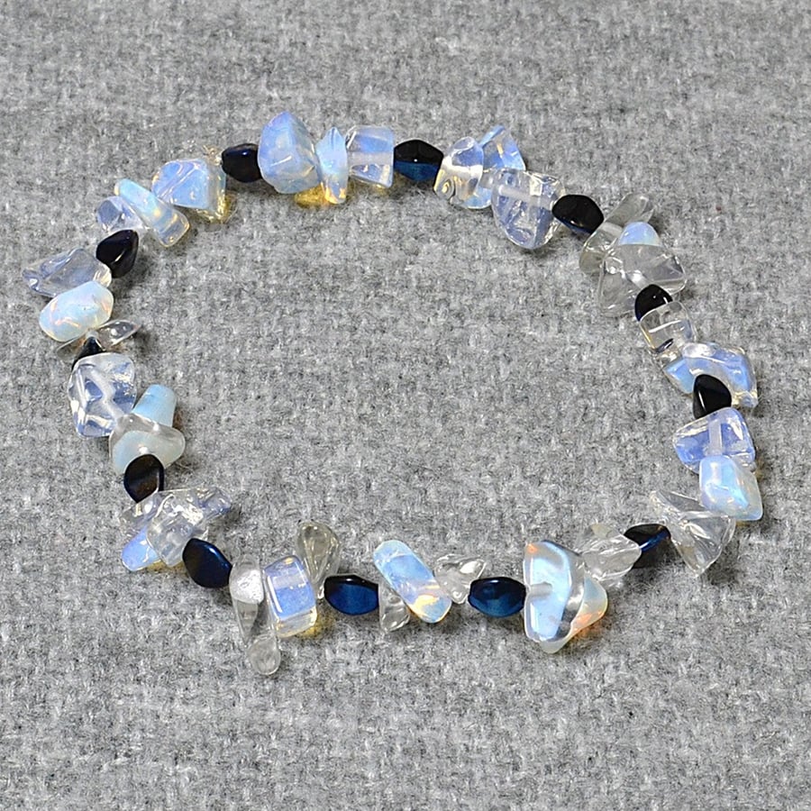 Opalite Chip and Shiny Blue Pinch Bead Elastic Bracelet
