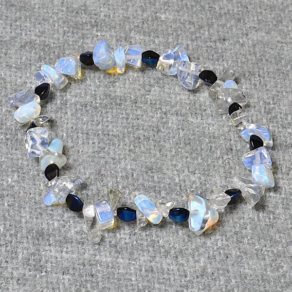 Opalite Chip and Shiny Blue Pinch Bead Elastic Bracelet