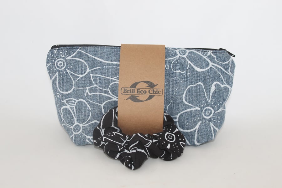 zip up hand printed floral make up bag & black scrunchie,zero waste Eco gift set