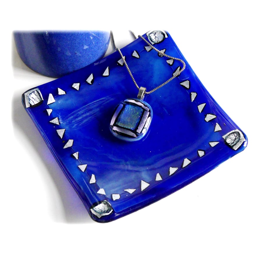 Blue Dichroic Dish 12cm Silver Pattern Border Fused Glass Square 