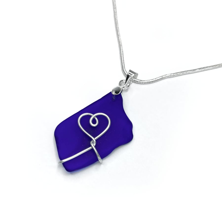 Blue Glass Pendant - Heart Necklace - Handmade Scottish Silver Beach Jewellery