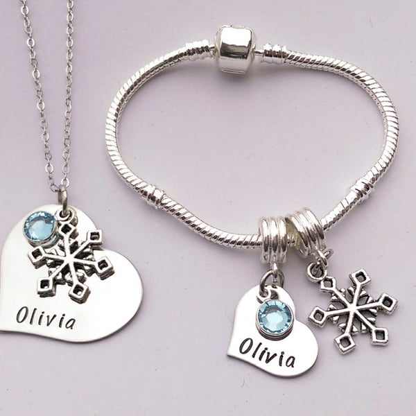 Personalised childrens snowflake bracelet and necklace set