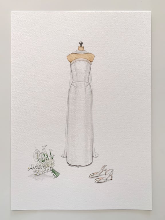 Custom hand drawn wedding dress, bouquet & shoes watercolour illustration