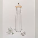 Custom hand drawn wedding dress, bouquet & shoes watercolour illustration