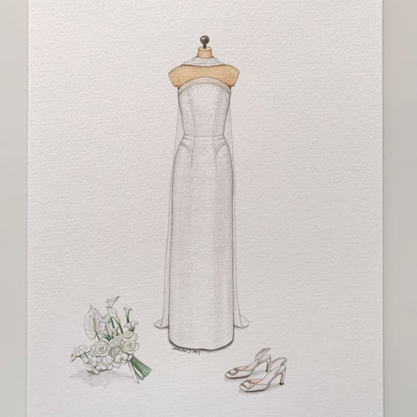 Custom hand drawn wedding dress, bouquet & shoes watercolour illustration