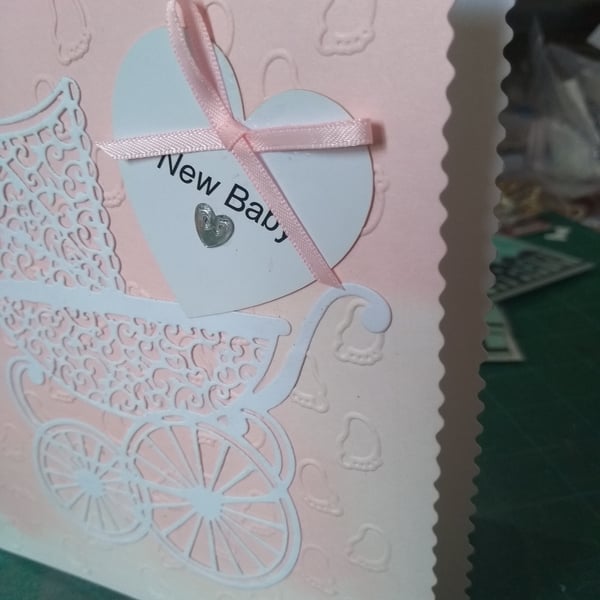 New baby girl white pram card