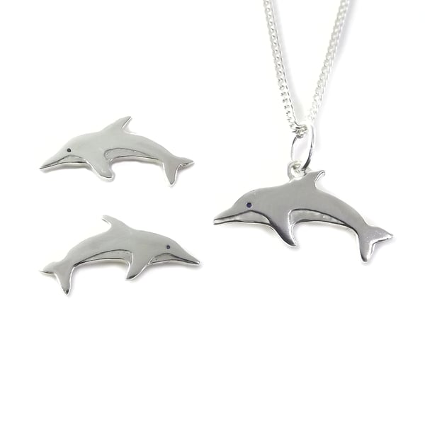Dolphin jewellery set - small pendant and stud earrings (sterling silver)