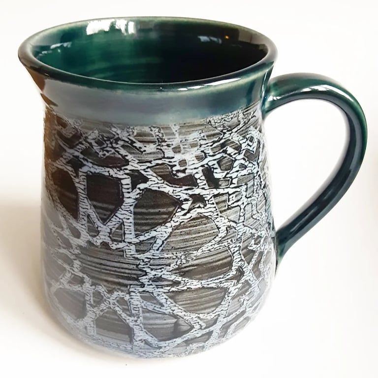 Large Mug Patterned Blue Glazed  - Hand Thrown Stoneware Ceramic Mug 