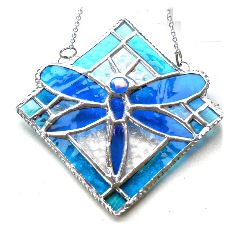 Dragonfly Framed Stained Glass Suncatcher Sky Blue Teal Tile
