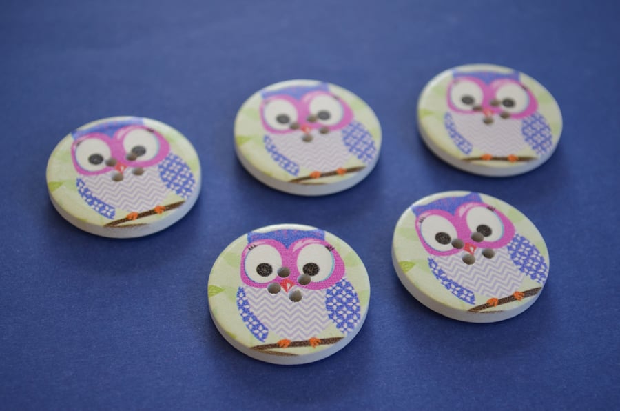 30mm Wooden Owl Buttons Pink Purple Green Pink 5pk Bird (LOW2)