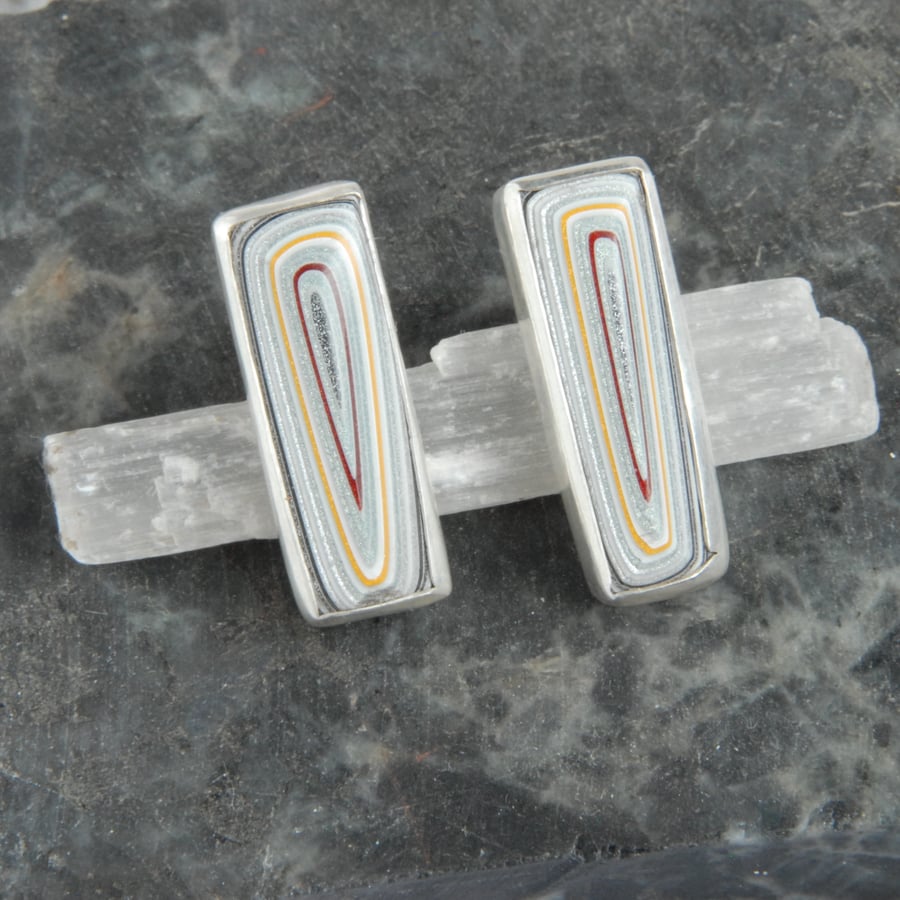 Silver and fordite oblong stud earrings