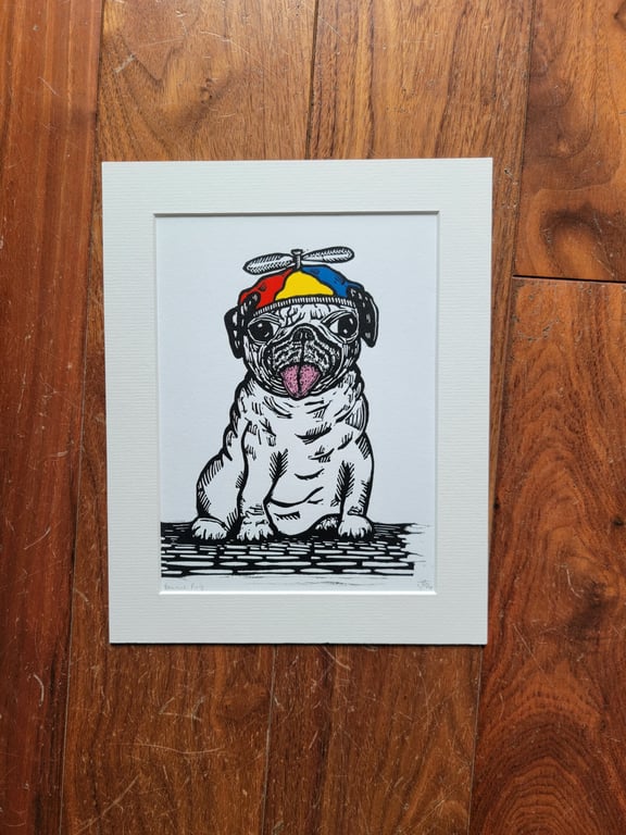 Pug wearing a beanie hat - original handmade linocut art dog print