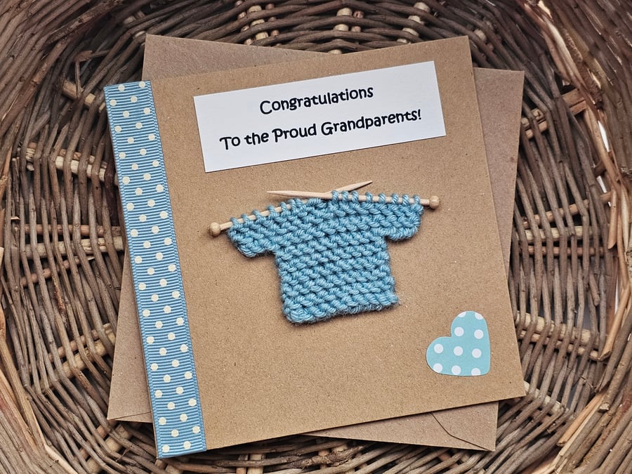 Grandparents New Grandchild Card with Knitted Jumper Duck Egg Blue Seconds