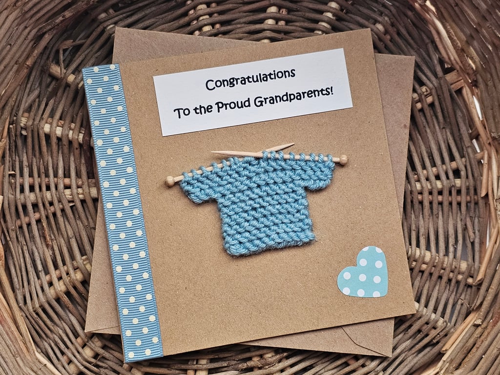 Grandparents New Grandchild Card with Knitted Jumper Duck Egg Blue Seconds