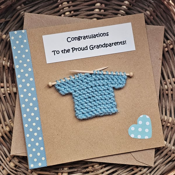 Grandparents New Grandchild Card with Knitted Jumper Duck Egg Blue Seconds