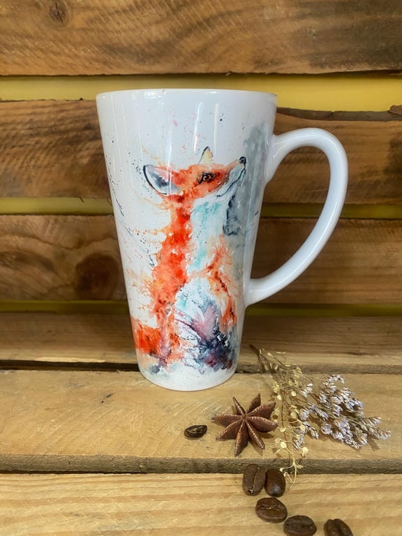 Fox Latte Mug, Large 17oz Ceramic Coffee Mug, Colourful Wildlife Art Mugs by Wat