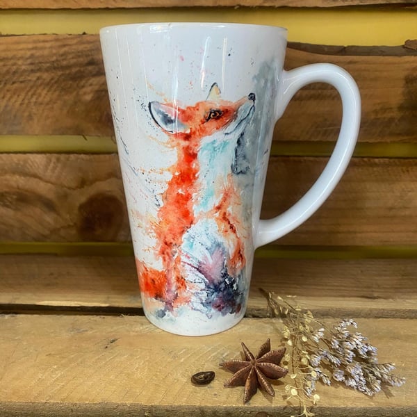 Fox Latte Mug, Large 17oz Ceramic Coffee Mug, Colourful Wildlife Art Mugs by Wat