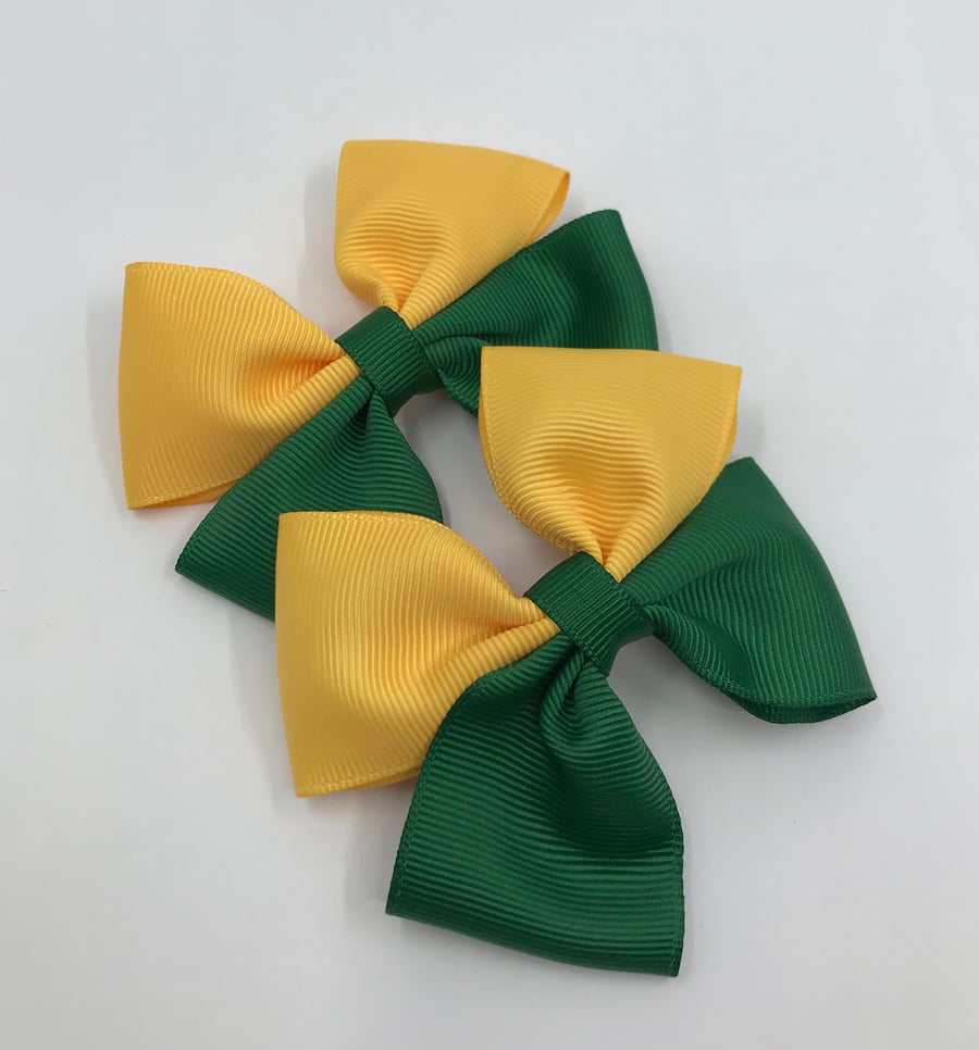 School Forest Green and Yellow Gold Two Tone Double with Bows on Clips (pair)