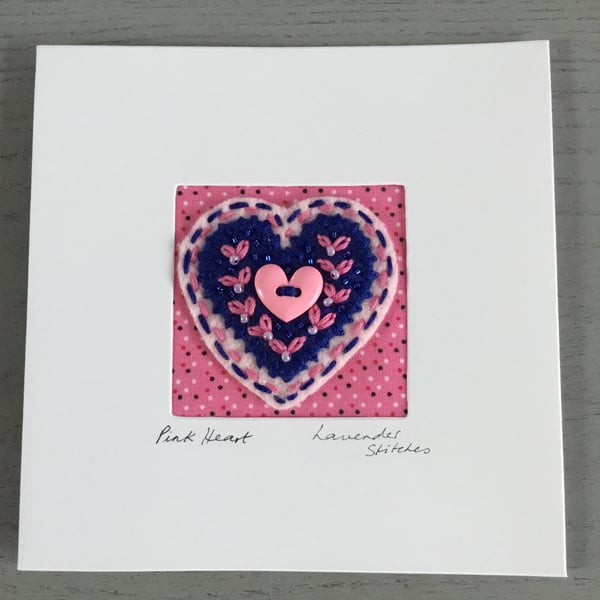 Hand Embroidered Pink Heart Card 