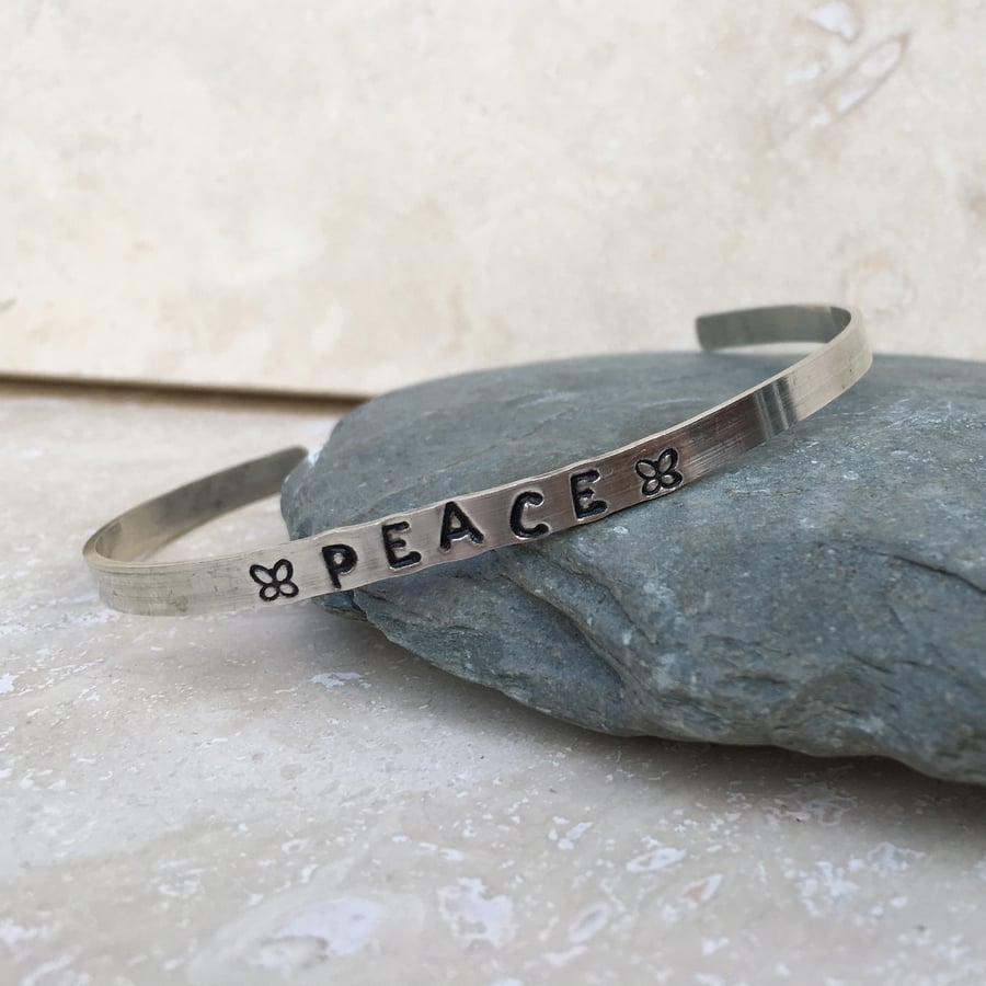PEACE Hand Stamped Sterling Silver Bangle - B0058