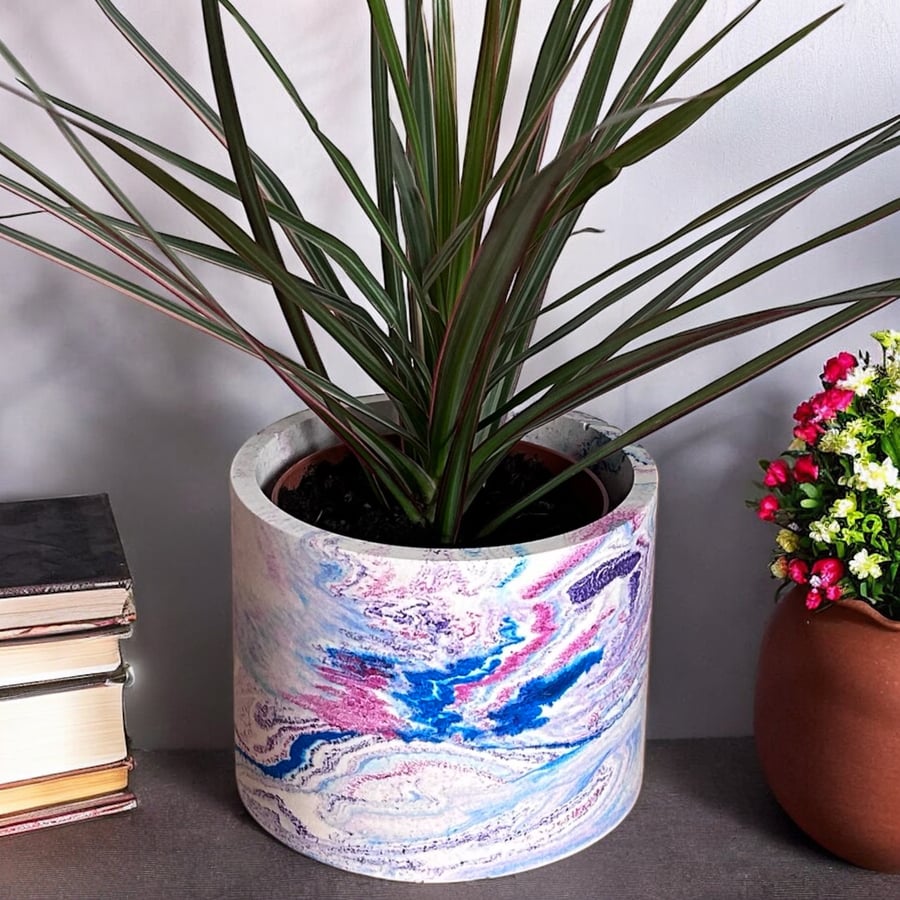 Blue, Lilac and Purple Plant Pot - Marbled Large Round Pot Cover