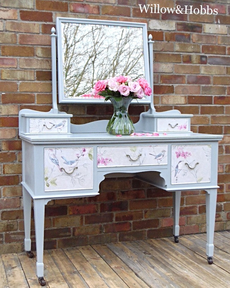 upcycled retro dressing table Vintage French Style Dressing Table: Upcycled White Desk With Floral Print  & Bevelled Mirror