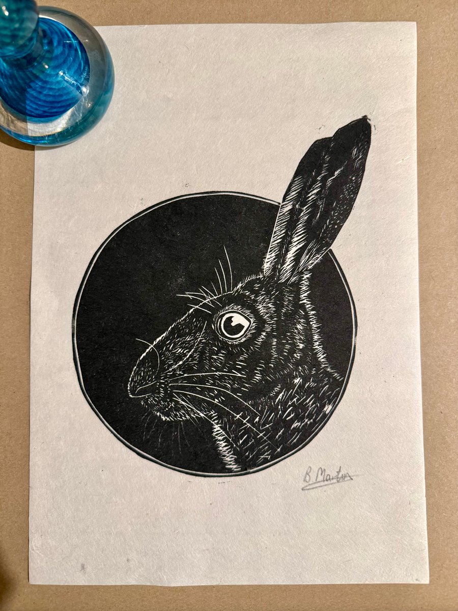 Perfectly Imperfect - Hare Linoprint: Hand-Burnished Lino Cut on Lokta Paper