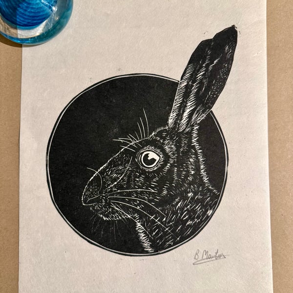 Perfectly Imperfect - Hare Linoprint: Hand-Burnished Lino Cut on Lokta Paper
