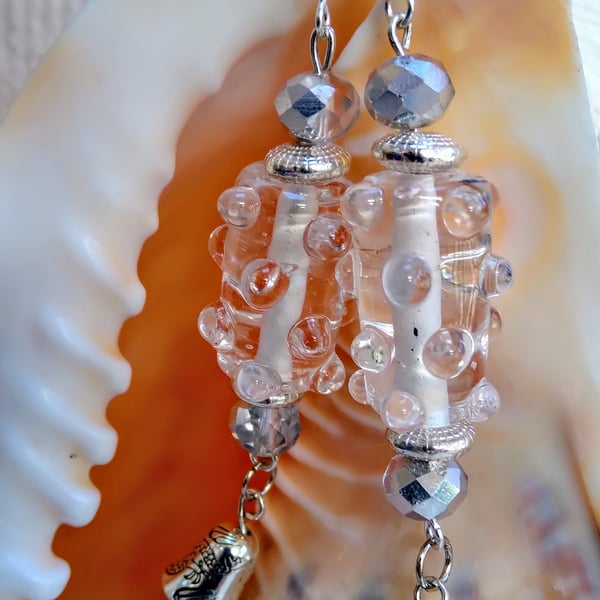 Large clear Lampwork glass and Tibetan silver EARRINGS