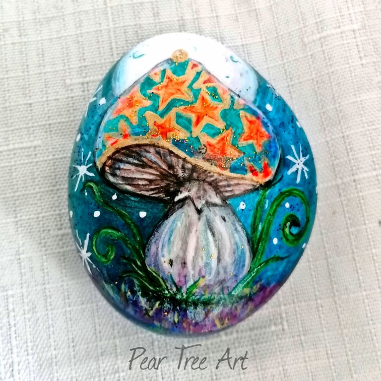 Toadstool Pebble Art Hand painted in Blue and Orange 