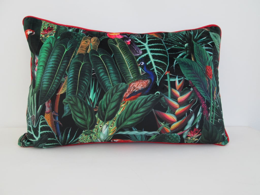 Printed Velvet Jungle  Design  Cushion with Red Piping