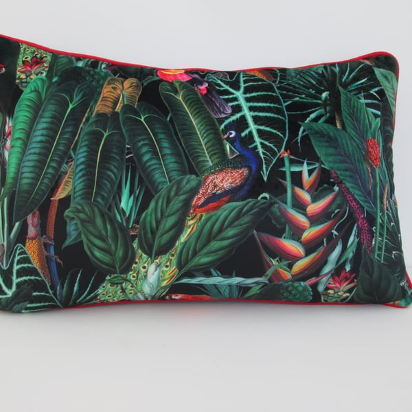 Printed Velvet Jungle  Design  Cushion with Red Piping