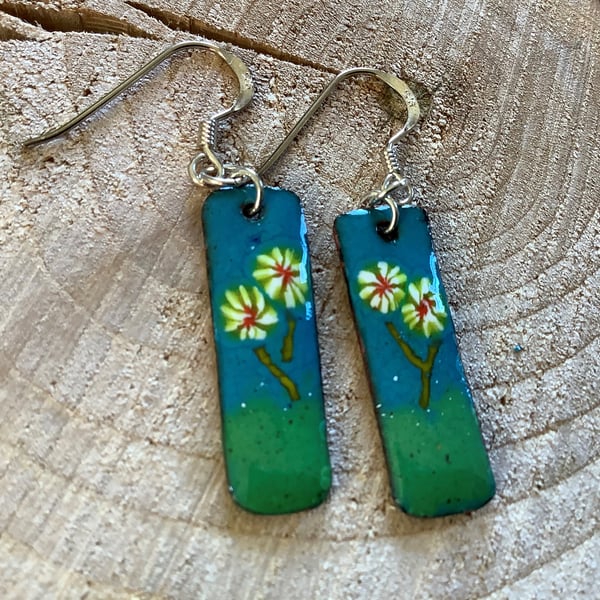 Blue green flower  enamelled copper dangly earrings on 925 silver hooks