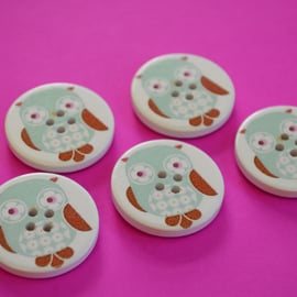 30mm Wooden Owl Buttons Aqua Brown 5pk Bird (LOW4)